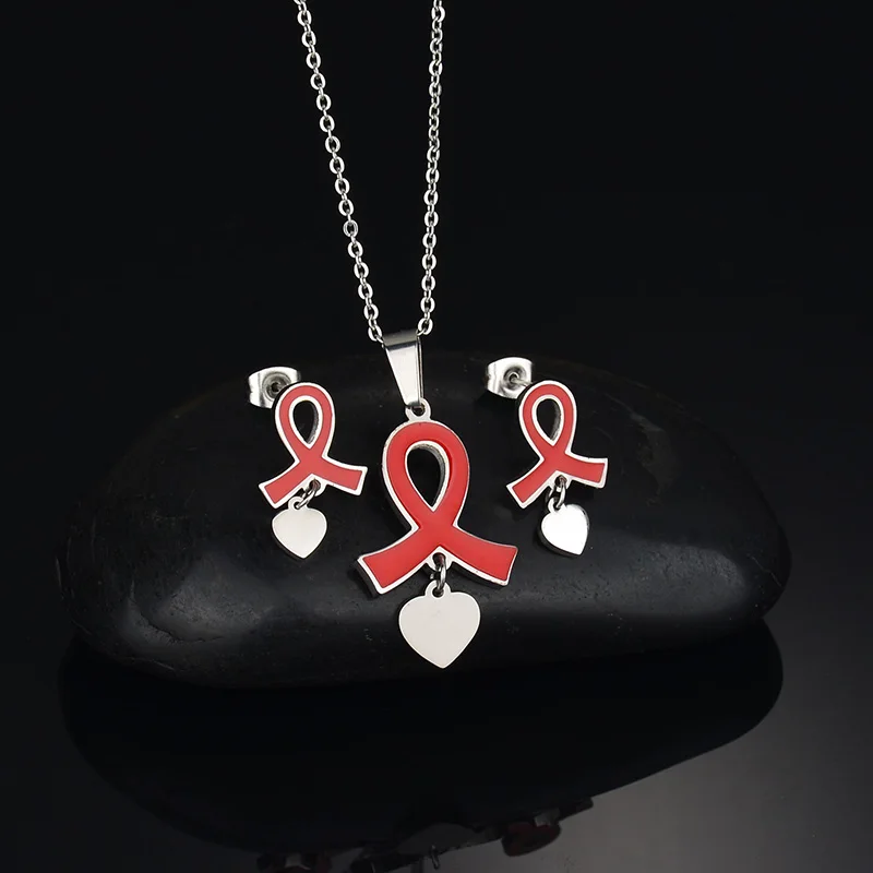 

New Arrival Stainless Steel Breast Cancer Awareness Necklace Earrings Set Never Fade Ribbon Swirl Heart Jewelry Set