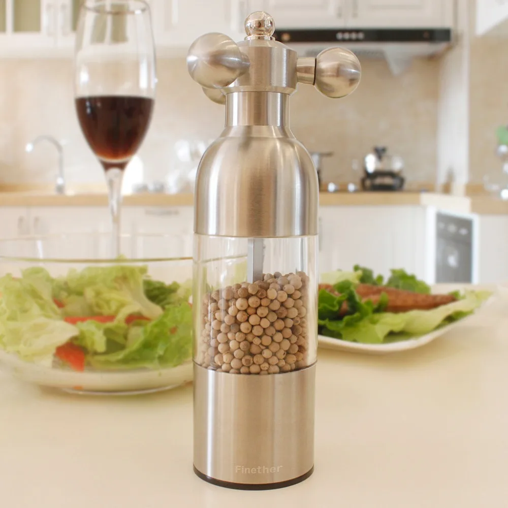 Finether Salt Pepper Mill Stainless Steel Salt Pepper Mill Grinder Seasoning Adjustable 7.1'' Acrylic Kitchen Accessories Tool
