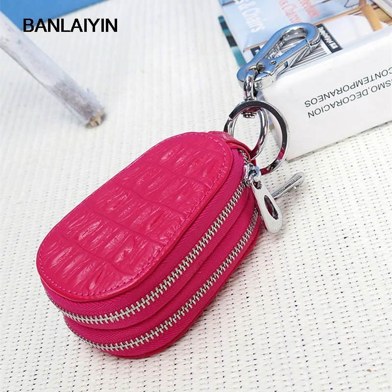 

Women Genuine Leather Men Car Key Holder Crocodile Pattern Key Wallet Double Zipper Multifunctional Women Housekeeper Case
