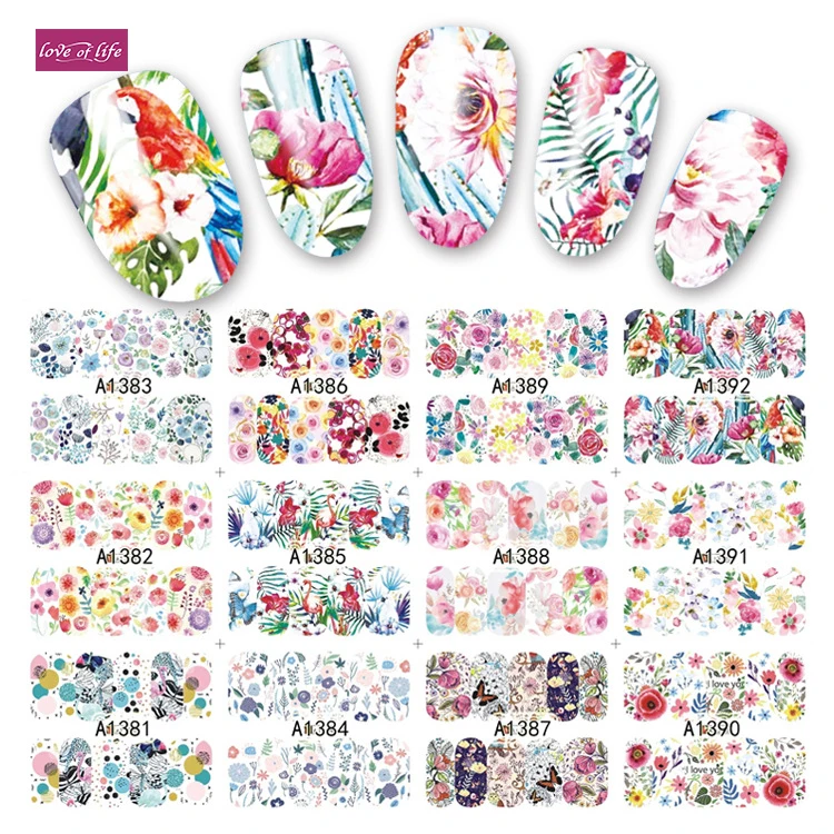 

12 Designs/Sheet Colorful Flowers, fruit, drinks Full Cover Water Transfer Decals Nail Art Manicure DIY Sticker Fingernail Wraps