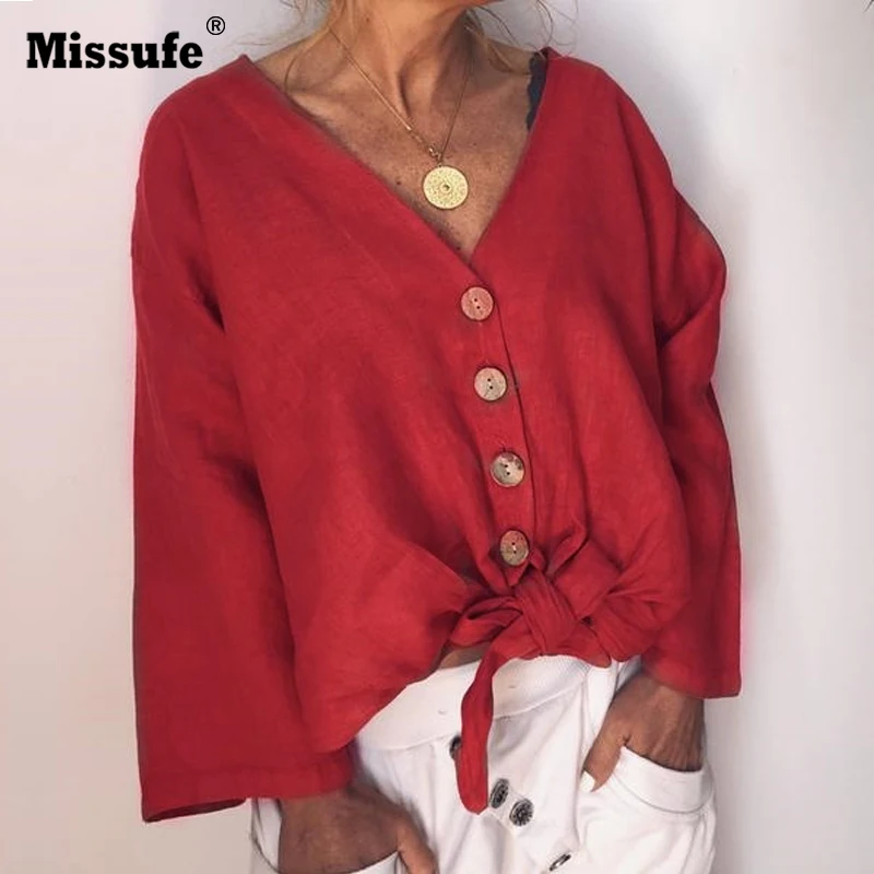 

Missufe V Neck Front Button Casual Loose Women Blouses Shirts Long Sleeve Summer Top Shirts 2019 Blusas