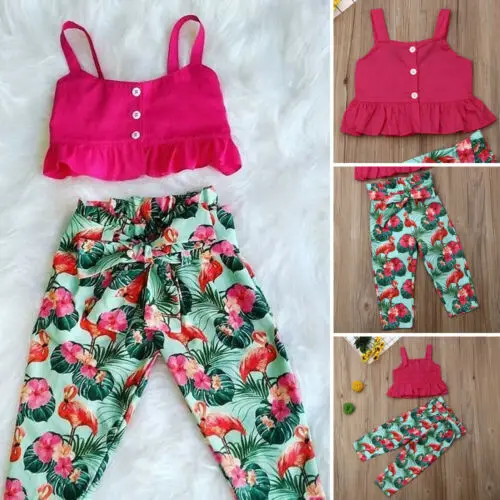 

2-7Years 2Pcs Kids Baby Girl Tops Vest+Flamingos & Flower Pants Outfit Set Clothes Summer Children Clothing