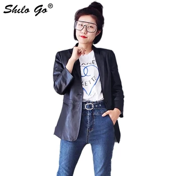 

SHILO GO Leather Jacket Womens Spring Fashion sheepskin genuine leather coat lapel collar single button OL office lady slim coat