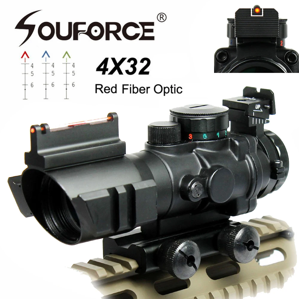 

US 4X32 Rifle Scope with Red Fiber Optic Sight Tri-illuminated Ballistic Reticle Riflescope for Hunting Rifle and Air Gun