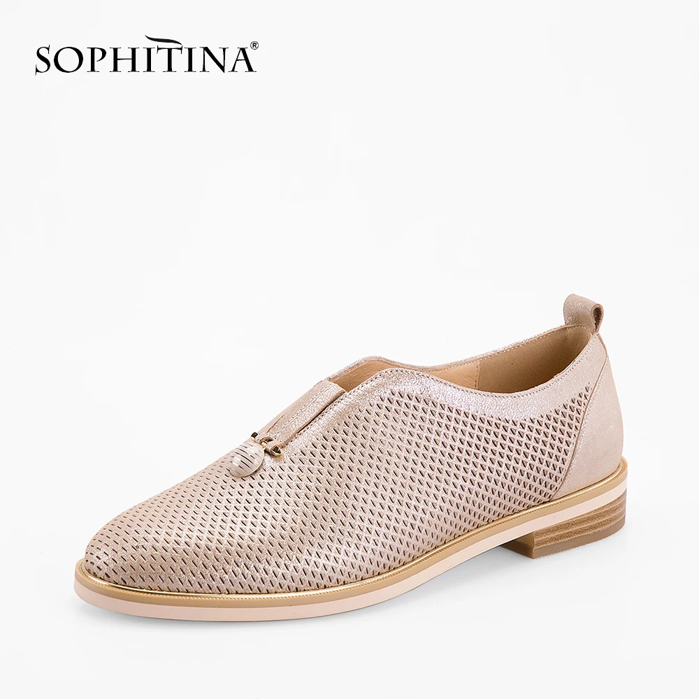 Buy SOPHITINA Genuine Leather Women Flats Handmade Slip on Shoe Golden Round