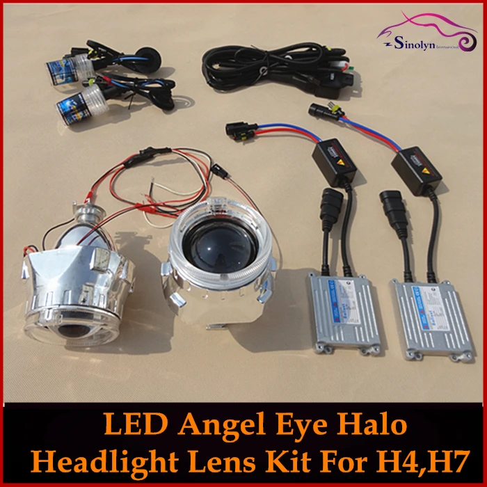 

Car Retrofit HID 2.5'' Bi xenon Projector Headlight Lens H4 H7+LED Optic Angel Eyes Ring+ Xenon Lamps+ AC Slim Ballasts+ Wiring