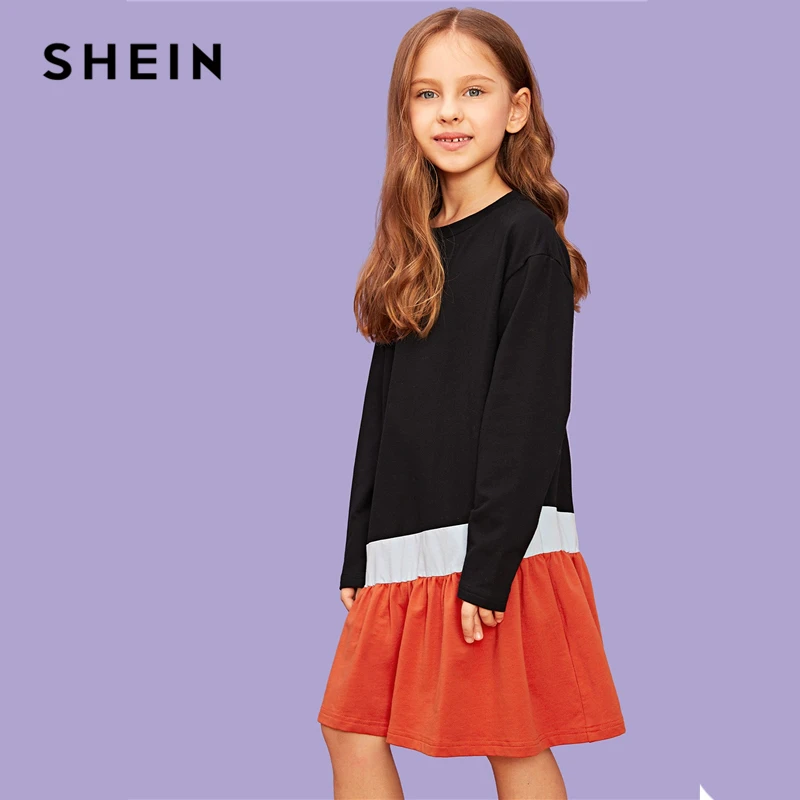 SHEIN/детское праздничное платье с цветными блоками и вышивкой для девочек; коллекция года; сезон весна; повседневные Детские платья средней длины с длинными рукавами; Одежда для девочек