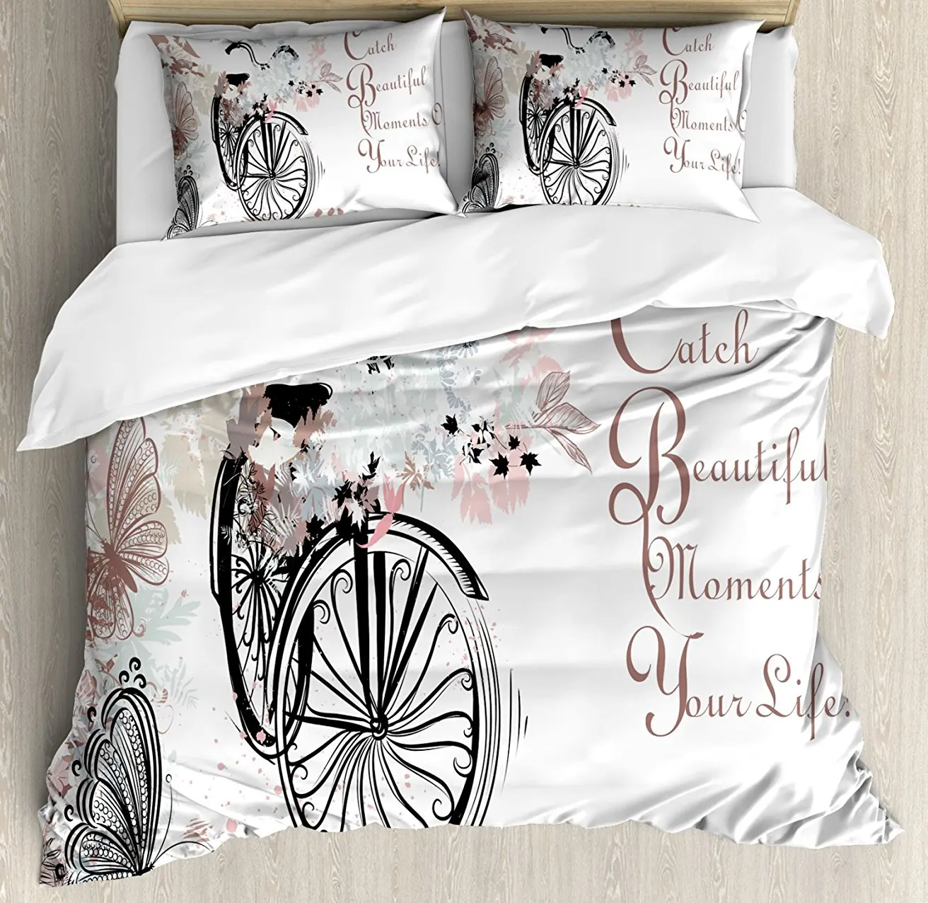 

Spring Duvet Cover Set Vintage Bike Covered by Soft Tone Blooms Leaves in the Park Butterflies Flying Theme 4 Piece Bedding Set