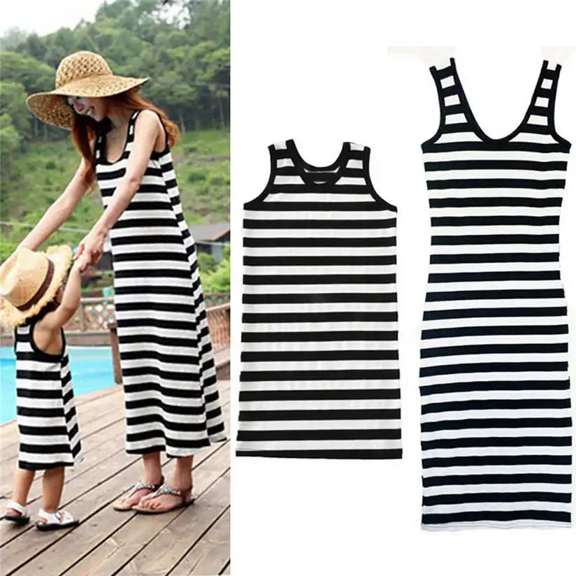 Women Sleeveless Dresses Family Matching Stripe Girls Princess Kids Sundress