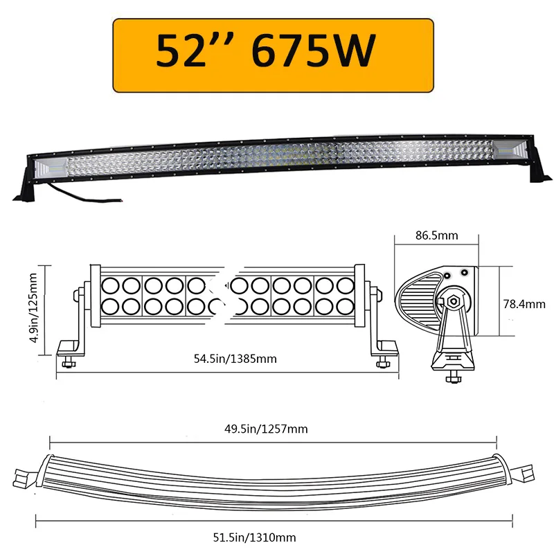 Auxtings 2" 32" 4" 52" дюймовый изогнутый СВЕТОДИОДНЫЙ светильник бар рабочий светильник 7D адвокатского сословия СИД 3 ряда 4x4 грузовик ATV, устанавливаемый на крыше автомобиля для бездорожья Led дальнего света светильник бар - Цвет: 675W no wiring