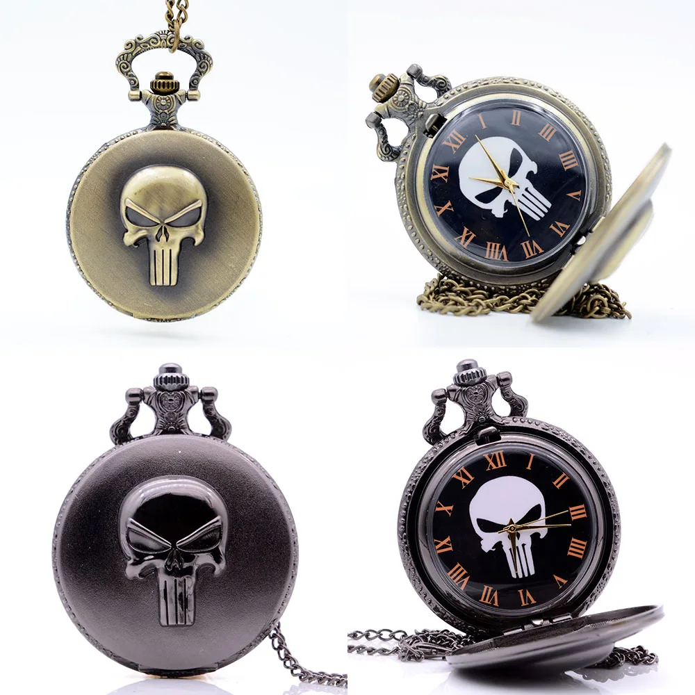 

Black Vintage The Punisher Skull Dial Roman Numeral Quartz Pocket Watch Analog Pendant Necklace Men Women Watches Chain Gift