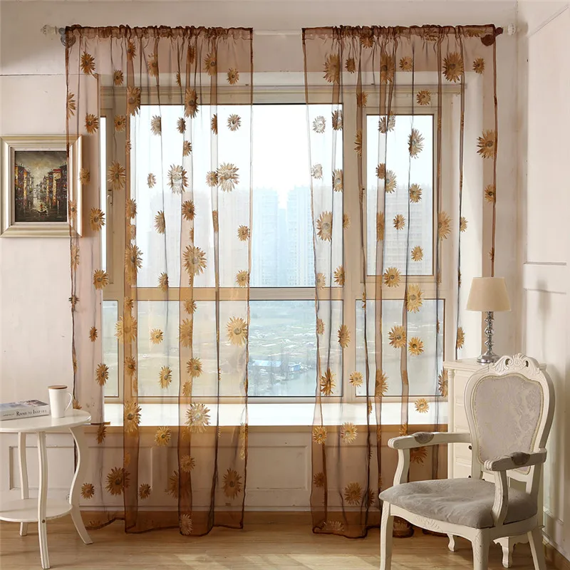 

1pcs Sunflower Voile Curtain Window Screening Balcony Finished Burnout Flower Tulle Curtain for Living Room Kitchen Curtains