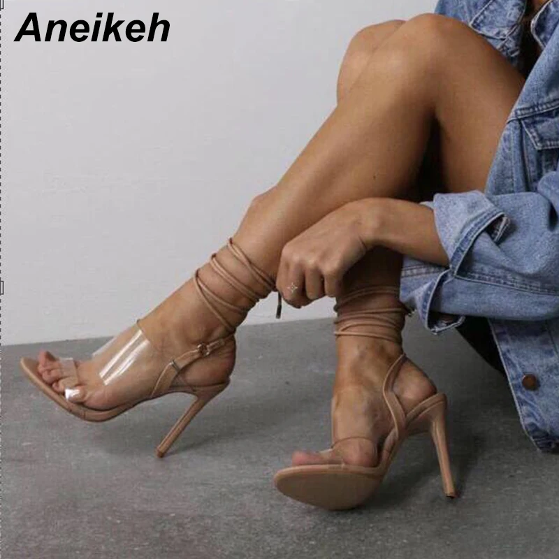

Aneikeh Ankle Strap Gladiator Sandals High Heel PVC Transparent Peep Toe Lace Up Sandals Sexy Dress Stiletto Heel Summer Shoes