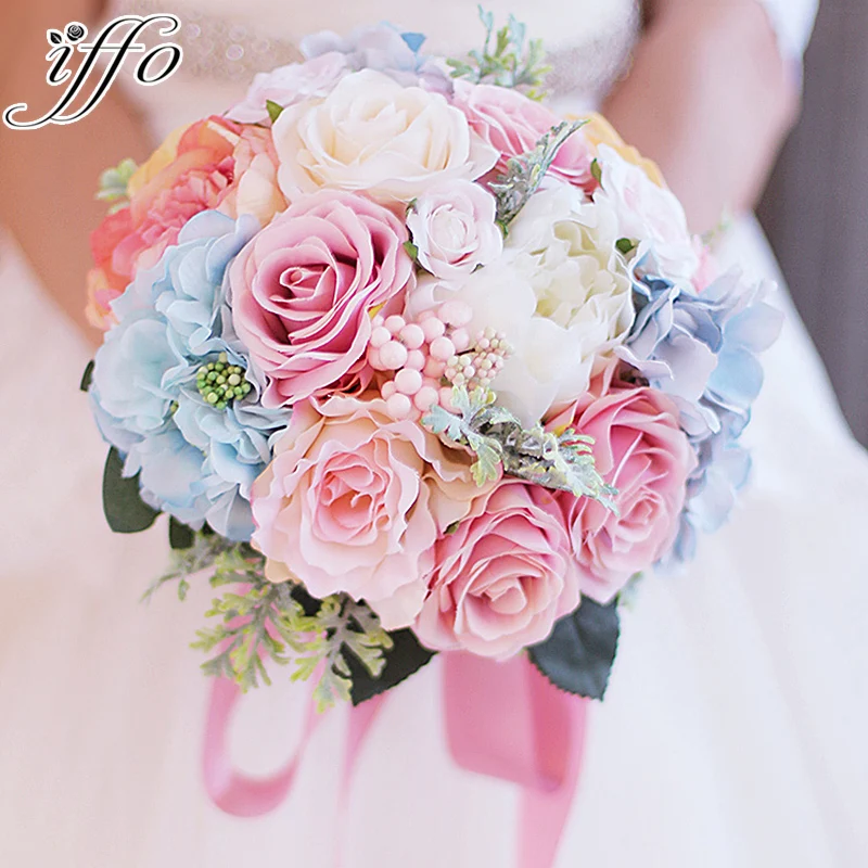 Пользовательские невесты с цветами в руках розовый и синий букет Букеты Свадебные шелковые Букеты свадебные искусственные розы Букет