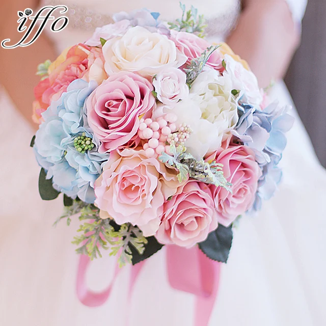 Custom Bride Holding Flowers Pink Blue Bouquet Wedding Custom Bride Holding Flowers Pink Blue Bouquet Wedding Silk Bridal Artificial Rose