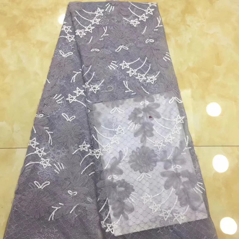 

(5yards/pc) grey color African party lace fabric graceful French net lace fabric with embroidery and sequins for dress FZZ163