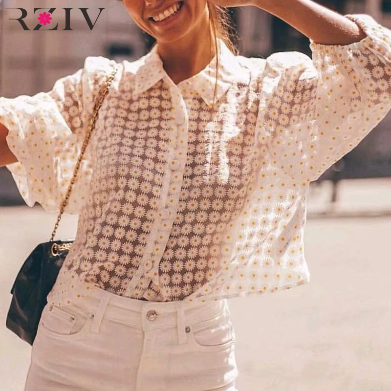 

RZIV Summer women's shirt casual flower print lapel lantern sleeve transparent shirt