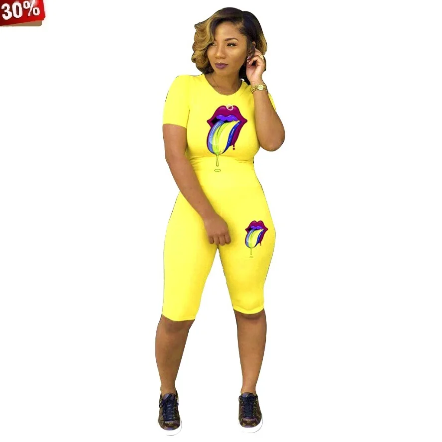 

Summer Short Sets Colorful Lips Print Womens Sexy Club Outfits Two Piece Biker Suits O Neck Crop Top Shorts Plus Size Tracksuit