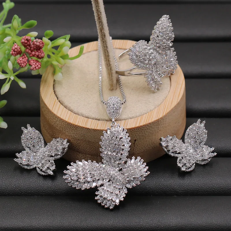 

Fateama Jewelry Set Big Artistic Butterfly Cubic Zircon Necklace with Earrings and Ring for Anniversary Engagement Luxury Gifts
