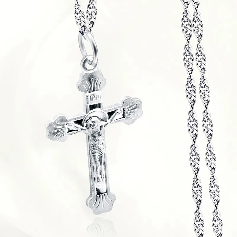 Sinya S990 Sterling Silver Cross Pendant With 18inch 925 silver waterwave Chain Necklace Christmas Gift Jesus Jewelry  (7)