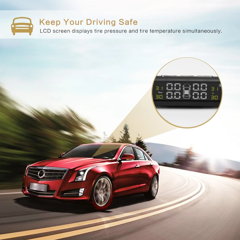 TPMS Tire Pressure Alarm Monitoring System Tyre Pressure Sensor Auto Security Alarm monitor System Solar Power charging For Car 8