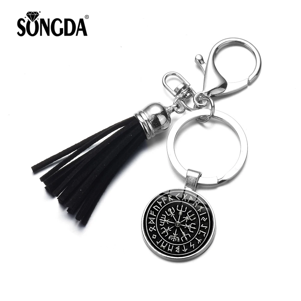 

SONGDA Classic Viking Compass Tassel Keychain Norse Vikings Symbol Runes Glass Cabochon Pendant Key Chains Personality Trinkets