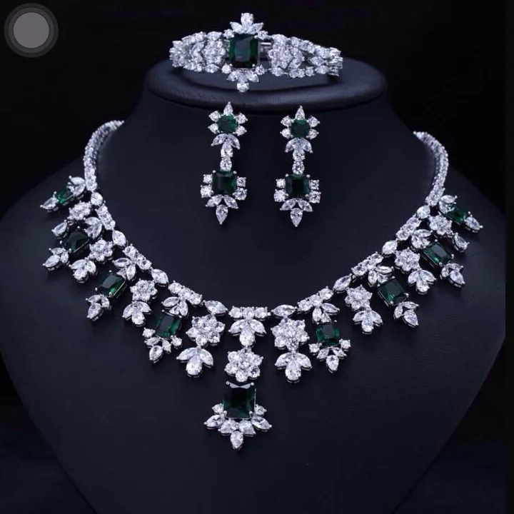 

Green BRILLIANT CRYSTAL ZIRCON EARRINGS NECKLACE BRACELET Bridal JEWELRY SET WEDDING DRESS ACCESSARIES FULL SETS