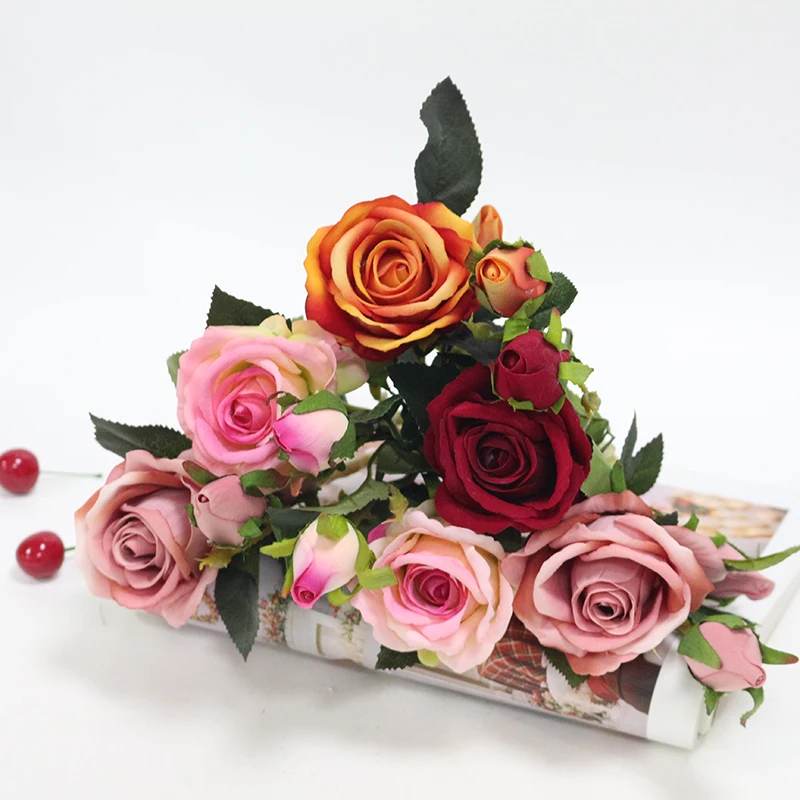 Flone Velvet Rose Flower Branch Fake Flowers Roses Artificial Flowers High Quality Wedding Home Garden Decoration Accessories (4)