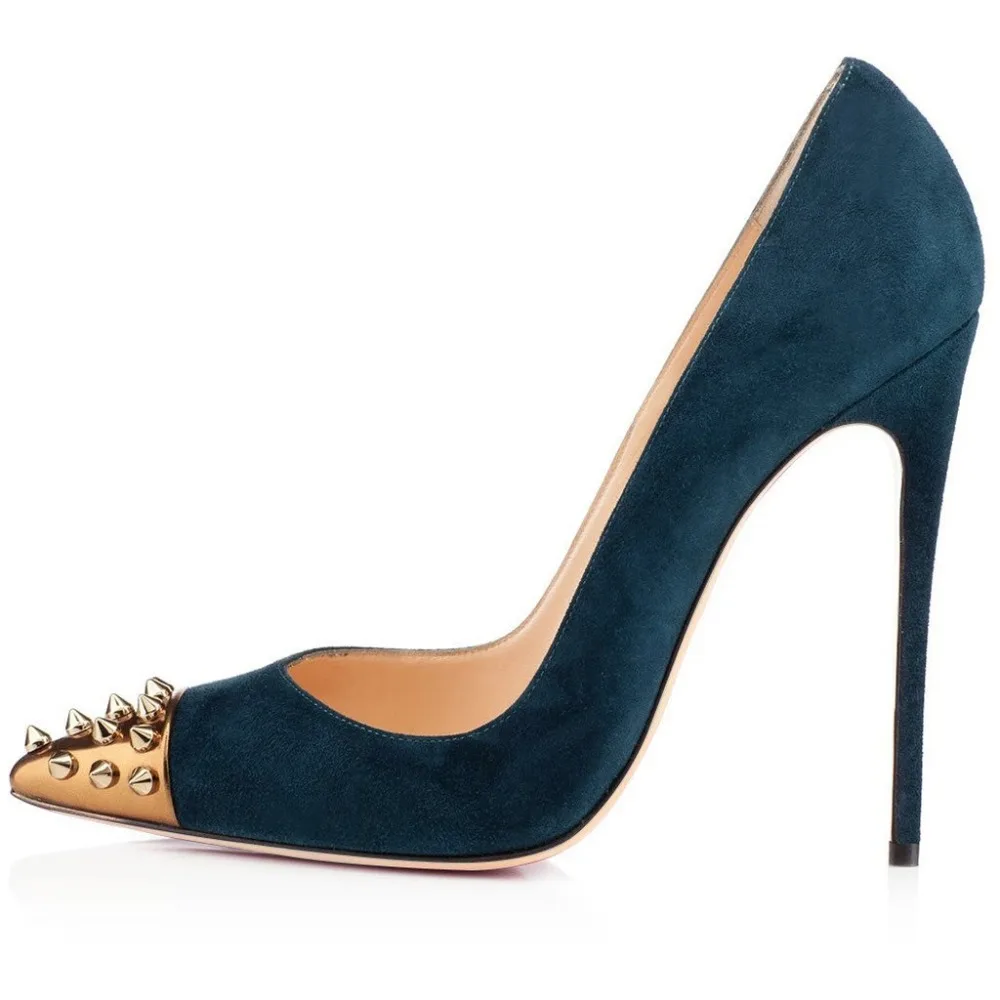 

Studded Rivets Toe High heels 12cm Fashion Ladies Sexy Pointed toe Spiked High heeled Shoes black Flock Leather Womens Pumps
