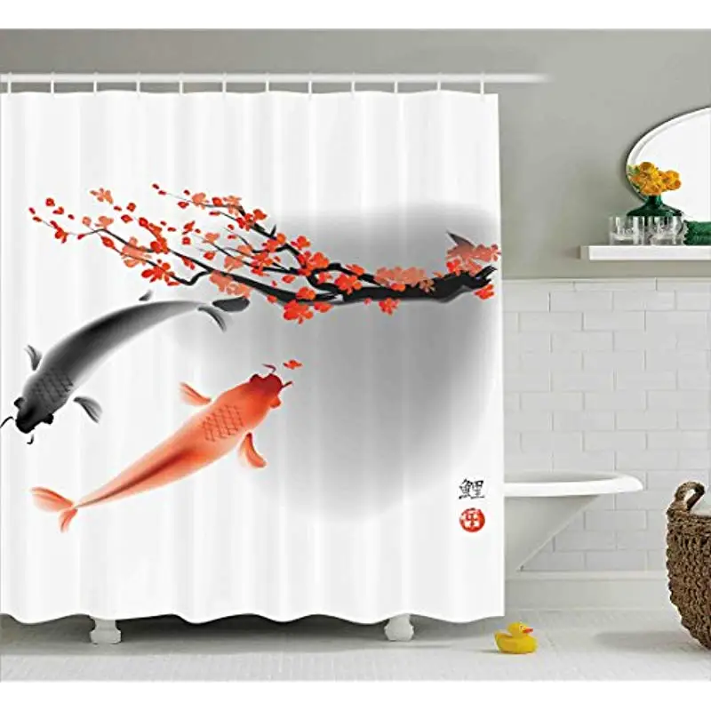 Vixm Japanese Shower Curtain Koi Carp Fish Couple Swimming with Cherry