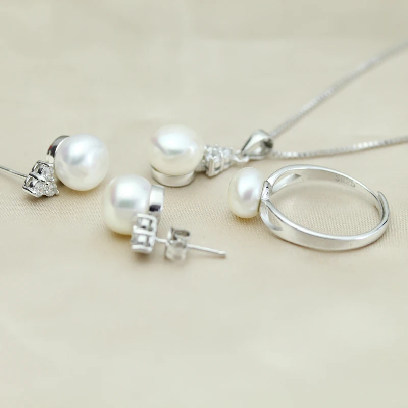 Жемчужный набор украшений для женщин, свадебное ожерелье, серьги, кольцо из серебра 925 пробы с жемчугом