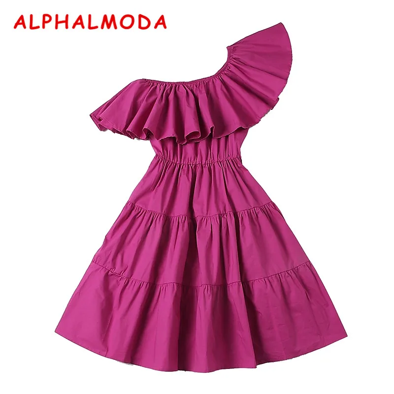 ALPHALMODA 2018 Лето Наклонный воротник гофрированное Платье женское с одним плечом