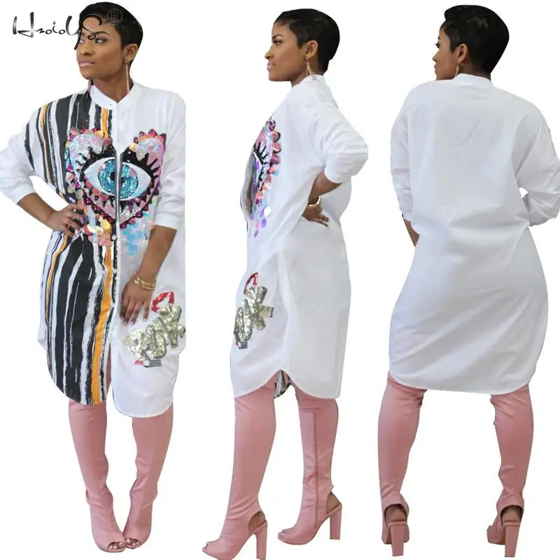 

Striped Shirt Dress Women Autumn Fashion Stand Collar Button up Blouse Dress Ladies Streetwear Oversized Sequin Shirt Dress