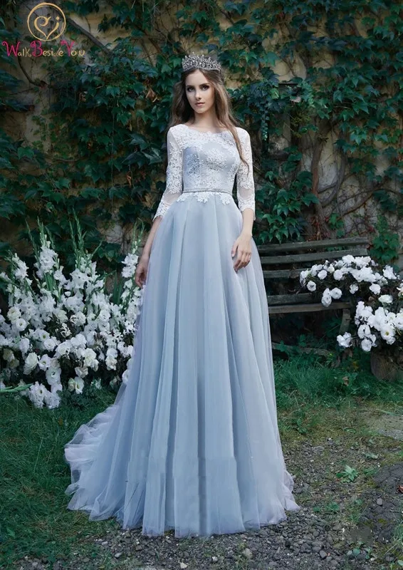 

Elegant Bright Blue Evening Dresses Scoop Neck A Line Three Quarter Formal Lace Women Plus Size Simple Tulle Prom Party Gowns
