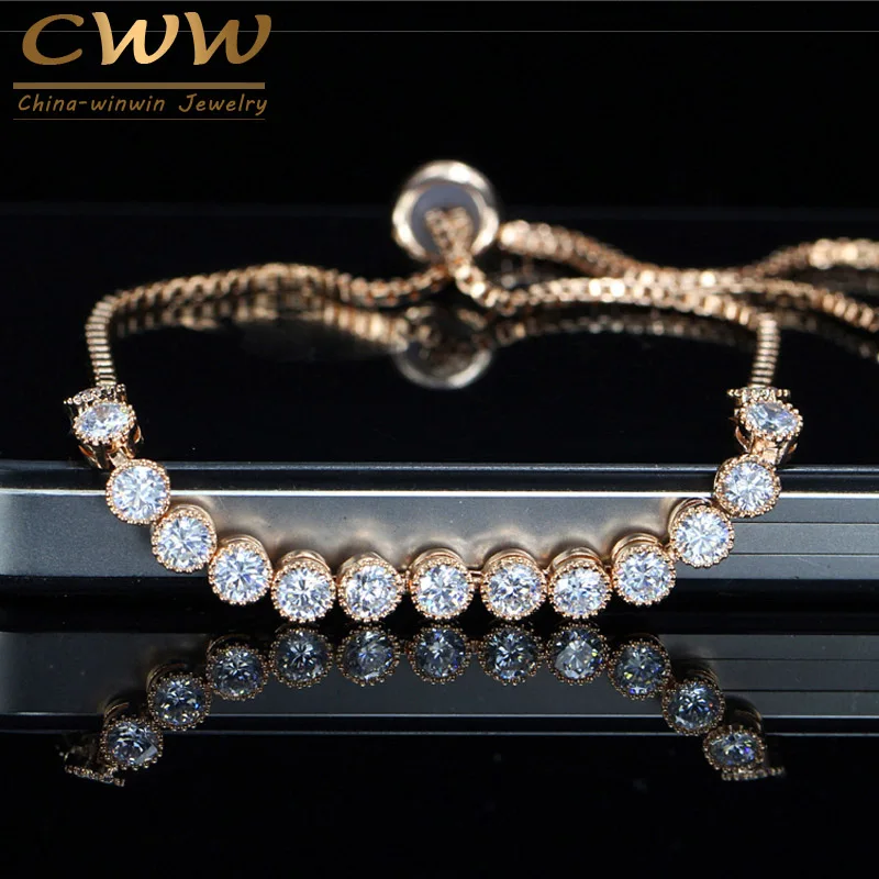 CWWZircons блестящий круглый кубический цирконий Регулируемая цепочка браслет с розовым золотом цвет CZ ювелирные изделия для девочек CB185