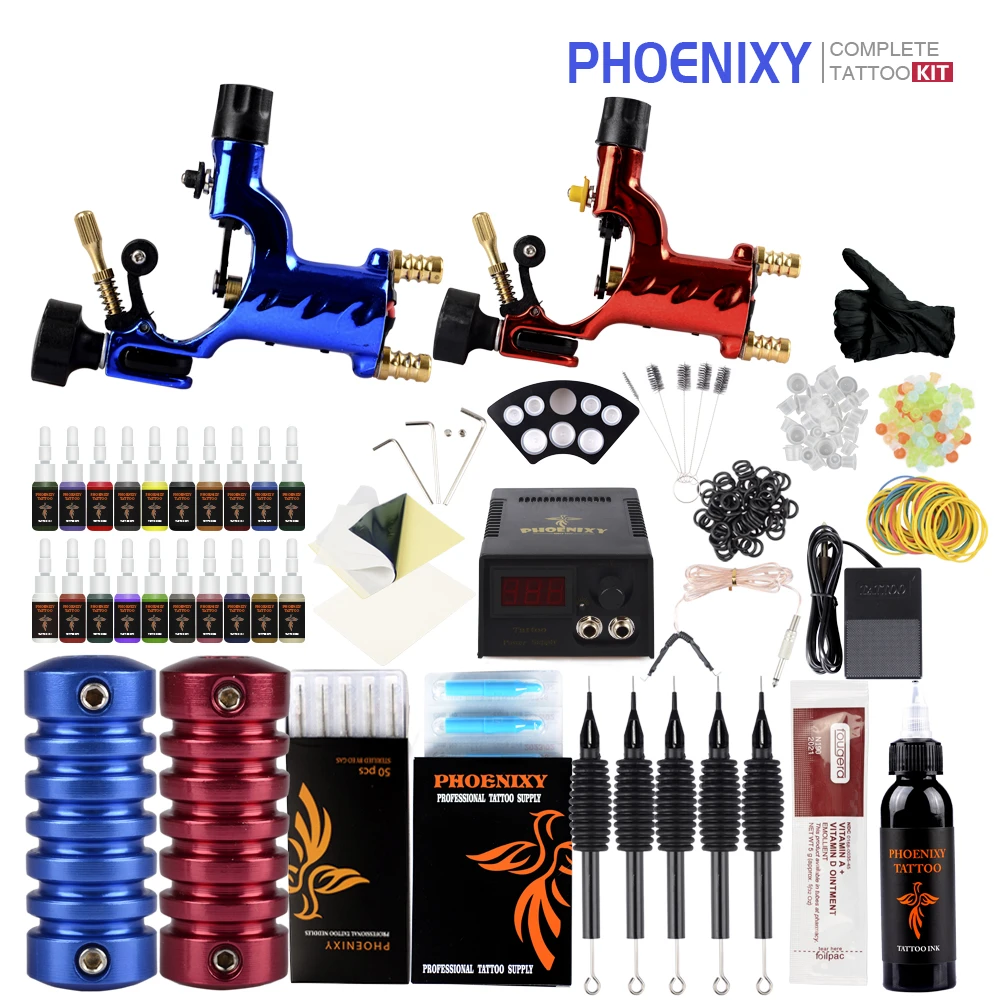 

Professional Tattoo Kit 2 Rotary Machine Gun 20Pcs Inks Pigment LCD Power Supply Grips Needles Permanent Makeup Tattoo Kit Sets