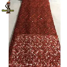 Сгоревший оранжевый цвет нигерийские кружевные ткани новейшая вышивка роскошные Французские тюлевые кружева с множеством блесток для свадебного платья