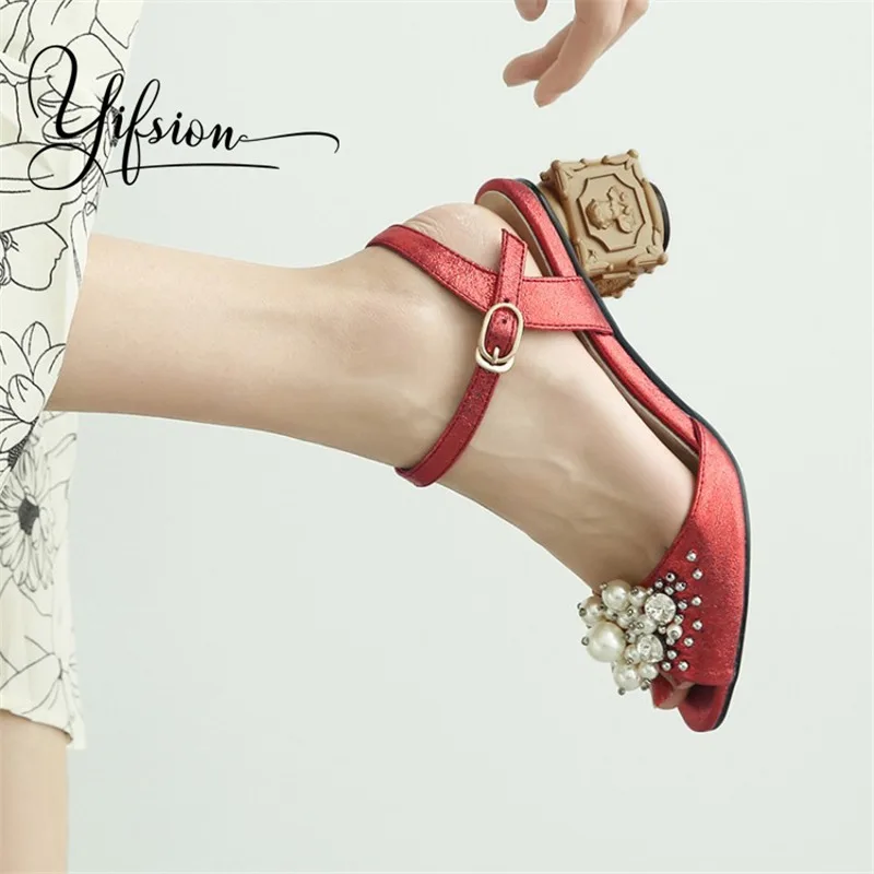 

YIFSION New Fashion Women Summer Sandals Open Toe Crystal Pearls Buckle Chunky Mid Heel Women Sandals Party Wedding Shoes Woman