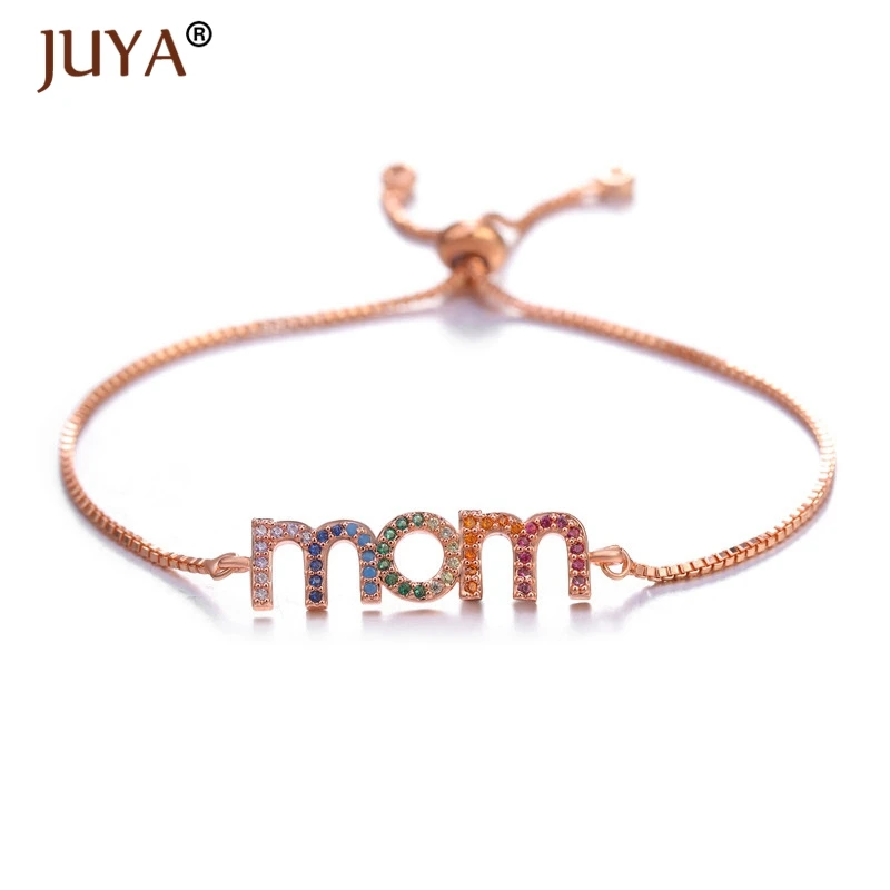 

Juya 2019 Design Color Cubic Zirconia Mom Bracelets For Women Gift Gold Silver Black Chain Adjustable Mama Bracelets Bangles