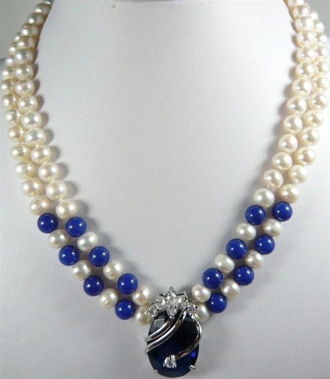 

Noble 2 row White 7-8 Genuine Pearl Lapis lazuli Dark-Blue 18K GP Zircon Crystal pendant women Jewelry Necklace 18inches