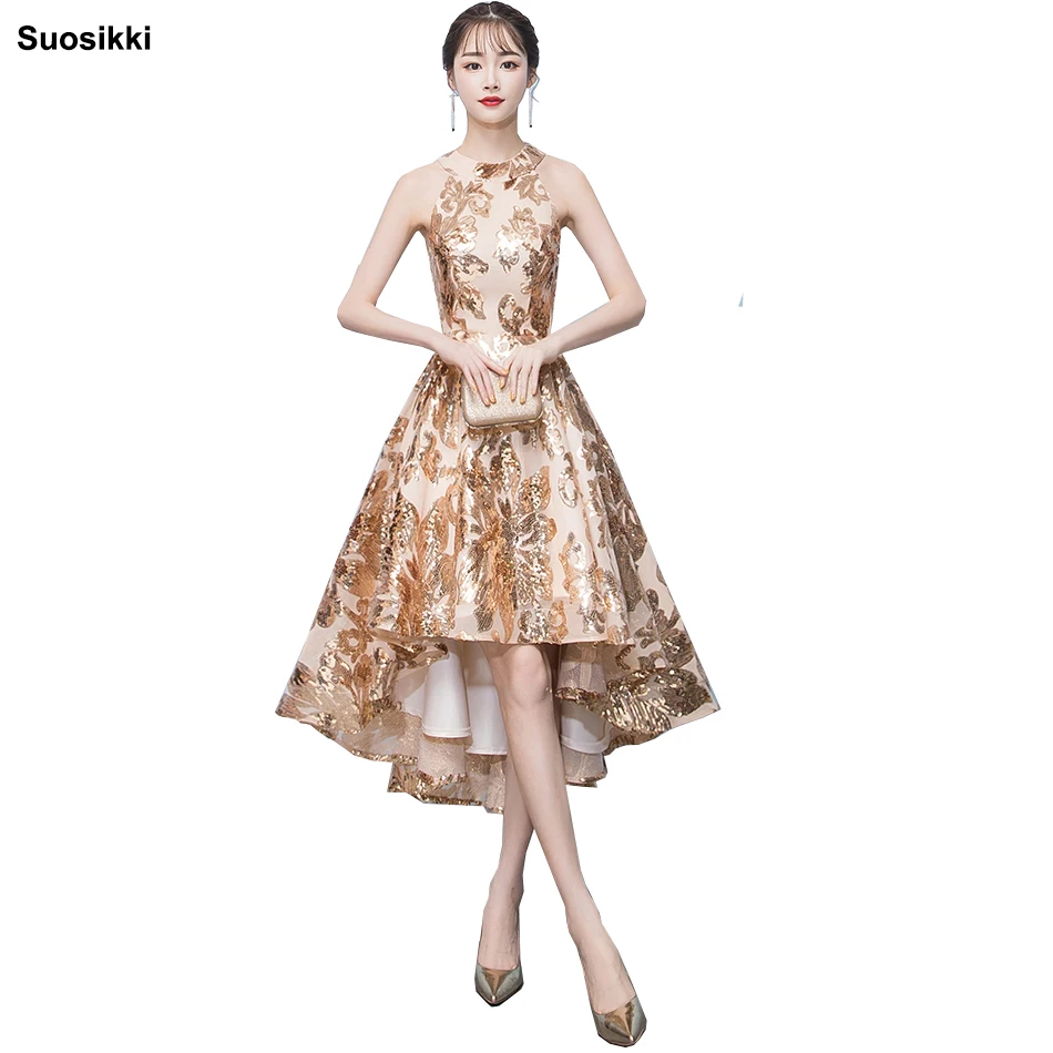 

Short front long back Evening Dress Suosikki Gold Sequins Pleat halter Formal Party Dress