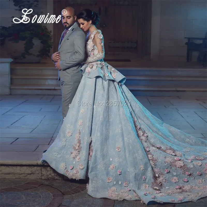 Vestido De Noiva Princesa, светильник, синее арабское свадебное платье, цветочное кружевное желинликовое свадебное платье с длинным рукавом, Abito Da Sposa