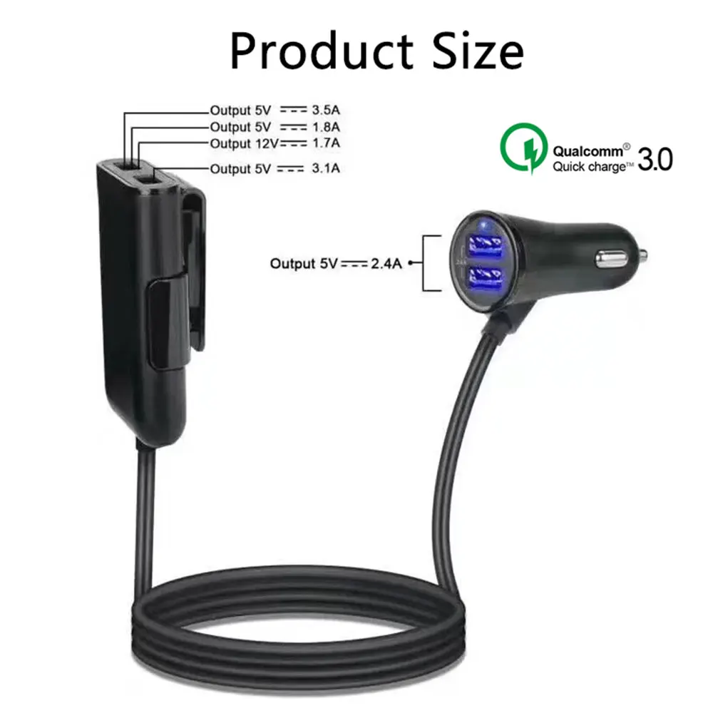 4 ميناء USB QC 3.0 سريعة تهمة مقعد شاحن سيارة 1.7 M تمديد الحبل كابل مع عودة كليب ل فون 7 سامسونج 2.4 + 3.1A العالمي
