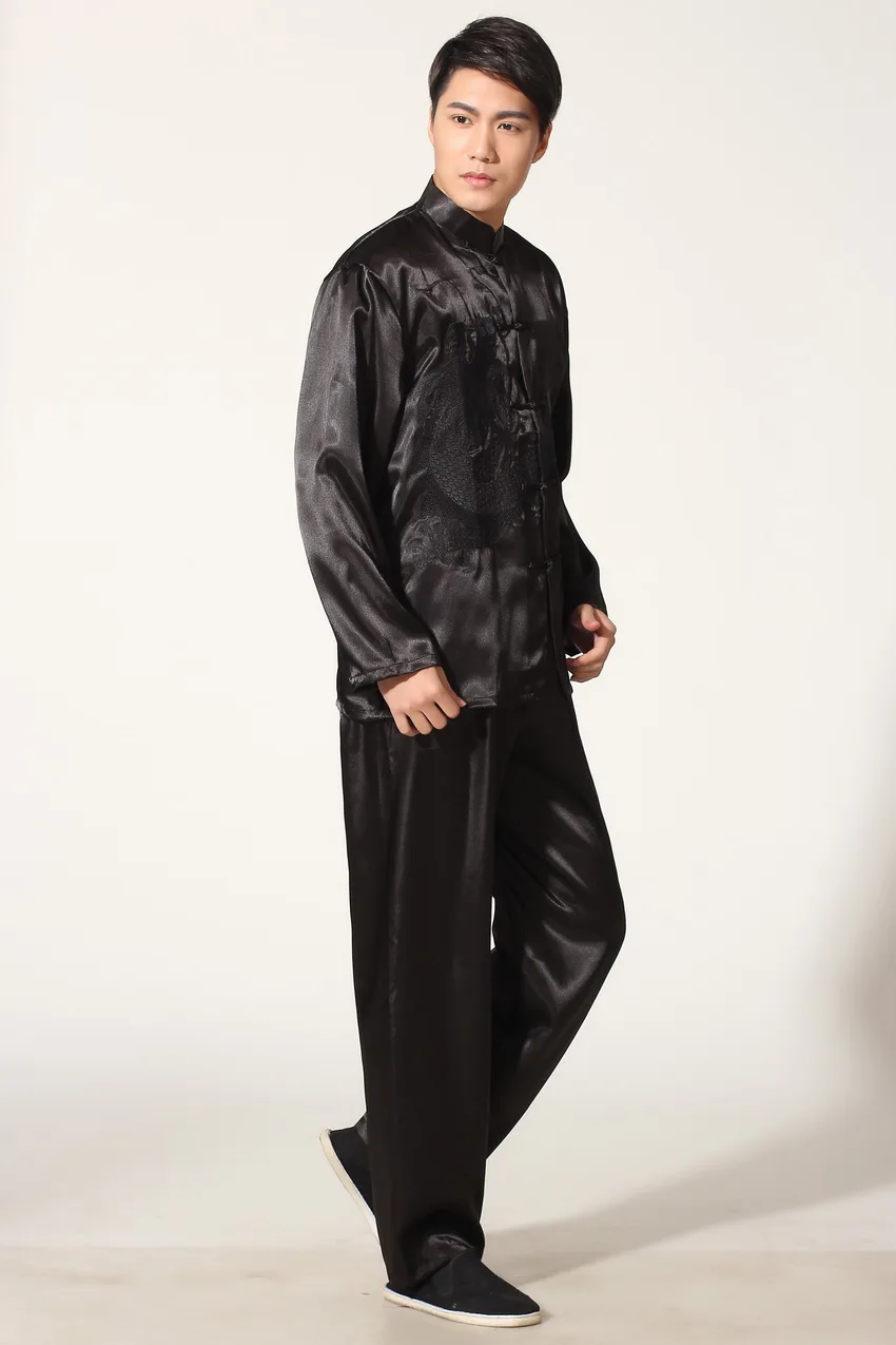 Новинка черный мужской вышитый дракон Кунг фу костюм Китайский Мужской Атласный Тай Чи униформа одежда S M L XL XXL M051-3