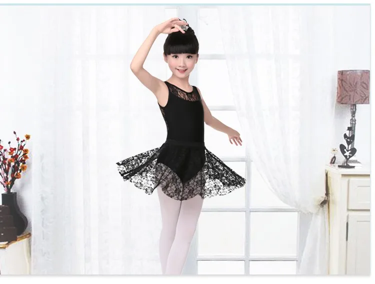 Высококачественное кружевное черное танцевальное трико без рукавов; комплект с кружевной юбкой для девочек; детская танцевальная одежда для балета