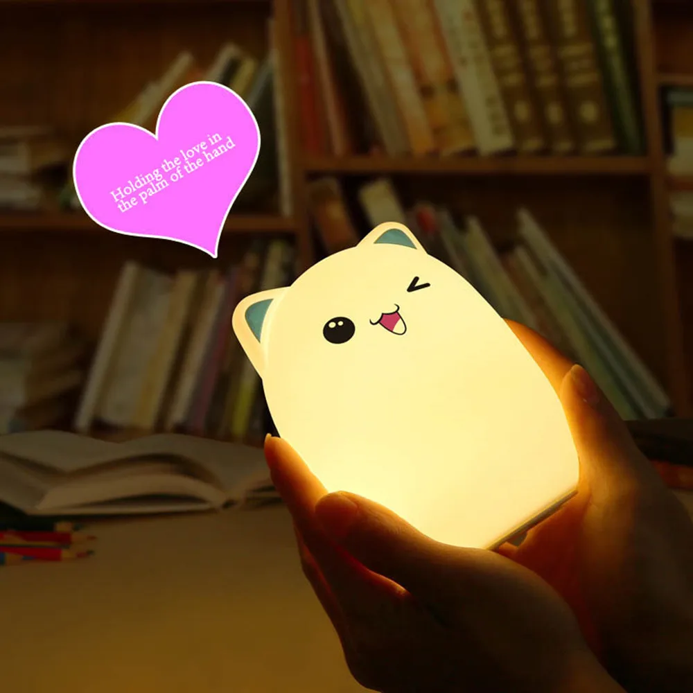 Кошка светодиодный Ночной светильник дистанционного Управление сенсорный Сенсор красочные USB милый мультфильм Силиконовые Спальня прикроватная лампа для Для детей подарок для ребенка