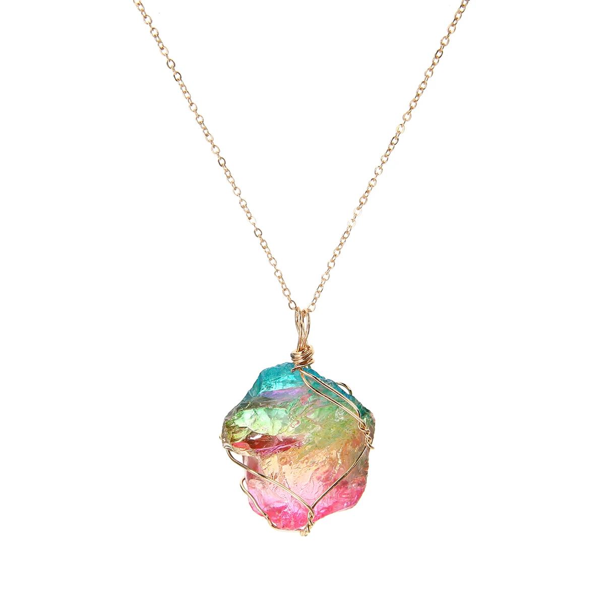 Punk Charms Unisex Rainbow Colorful Stone Pendant Necklace Crystal Rock Gold Color Fashion Chain Chic Unique Bohemian Jewelry