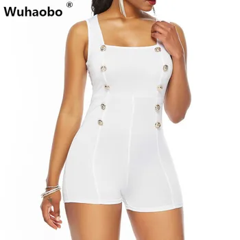 

Wuhaobo Casual Short Bodysuits White Solid Elegant Women Sleeveless Army Wear Wind Button Sexy Playsuits Night Shop Jumpsuits