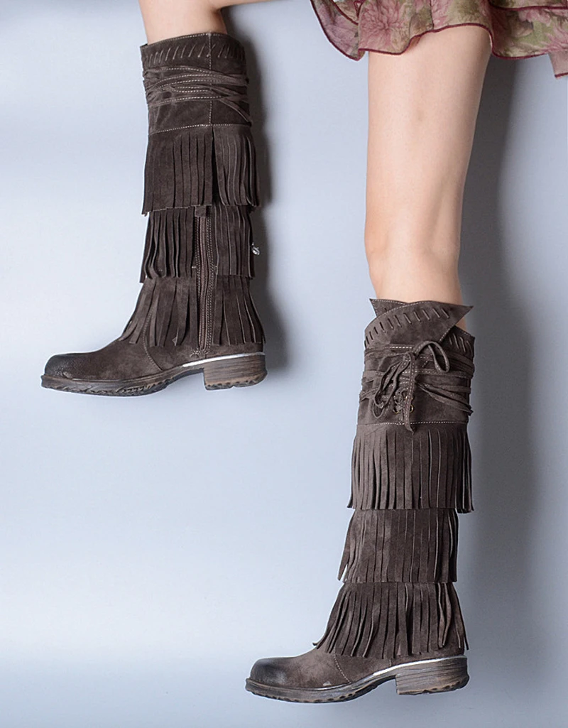 Newest Fashion Design Lace Up Knee High Fringed Boots Tassel Decorated Women Flat Heels Shoes