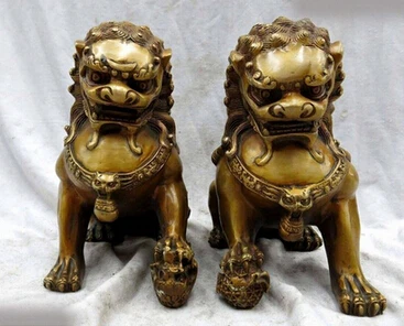 

Antique bronze Pure Copper Brass 8 " China bronze de cobre guarda par escultura Foo Dogs Lions